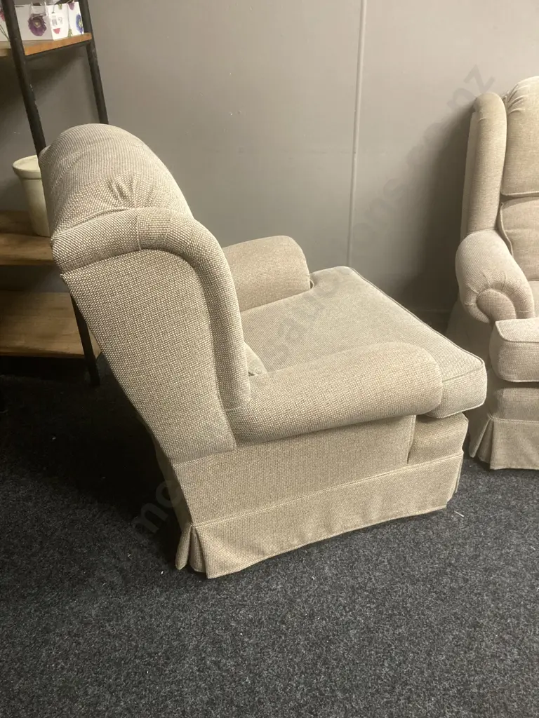 Lounge Suite - 3 Seater Couch With 2 Armchairs In Oatmeal Colour Fabric, Waterfall Back, On Castors Image 1++