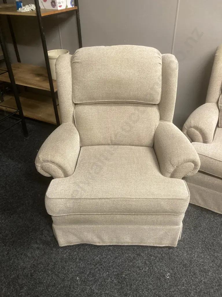 Lounge Suite - 3 Seater Couch With 2 Armchairs In Oatmeal Colour Fabric, Waterfall Back, On Castors Image 1++