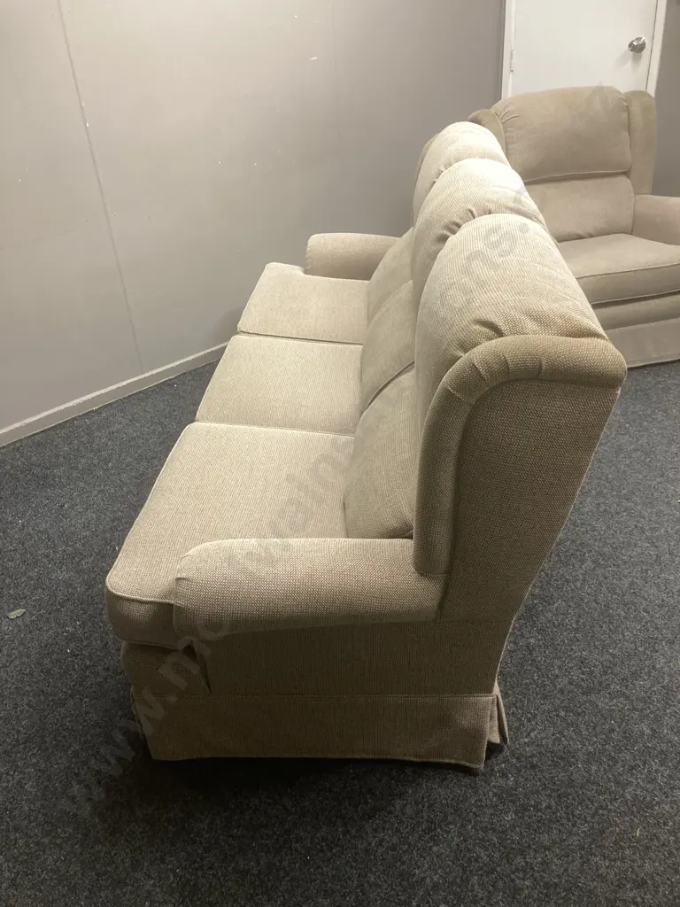 Lounge Suite - 3 Seater Couch With 2 Armchairs In Oatmeal Colour Fabric, Waterfall Back, On Castors Image 1++