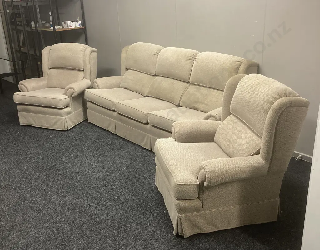 Lounge Suite - 3 Seater Couch With 2 Armchairs In Oatmeal Colour Fabric, Waterfall Back, On Castors Image 1++