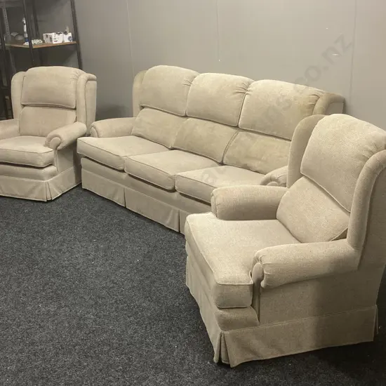 Lounge Suite - 3 Seater Couch With 2 Armchairs In Oatmeal Colour Fabric, Waterfall Back, On Castors