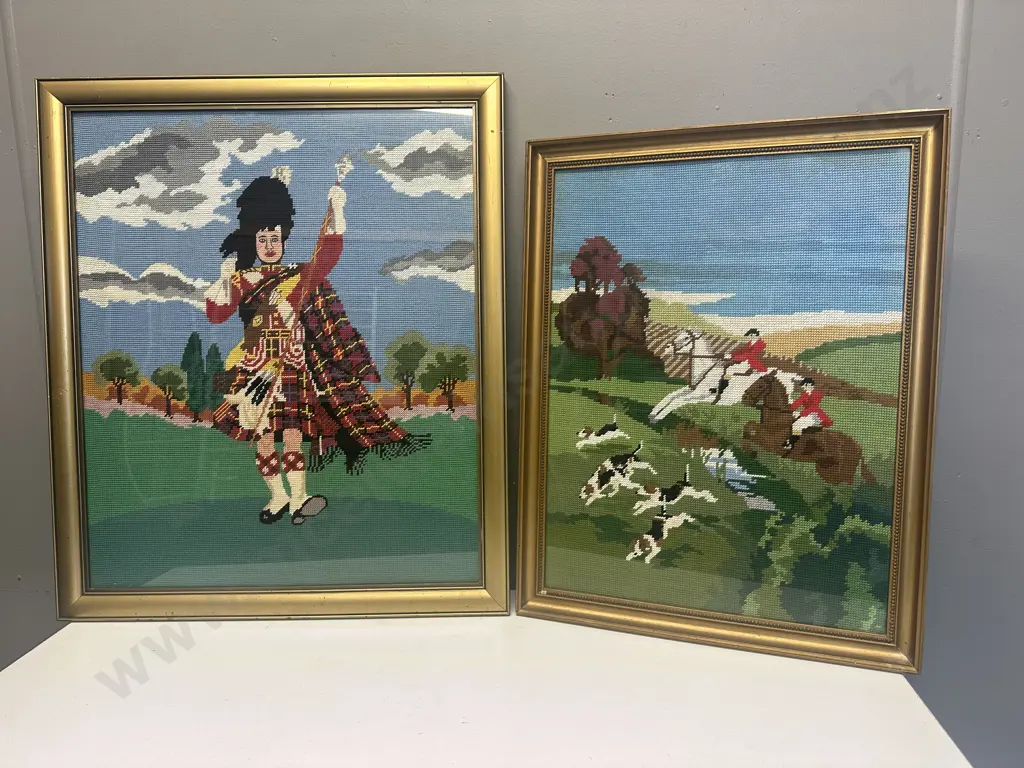 Large Framed Artwork Vintage Cross Stitch Hunting & Highland Dancing Themed Image 1++