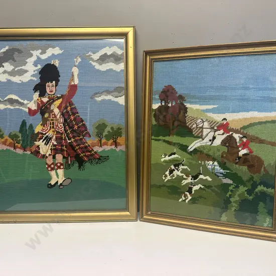 Large Framed Artwork Vintage Cross Stitch Hunting & Highland Dancing Themed