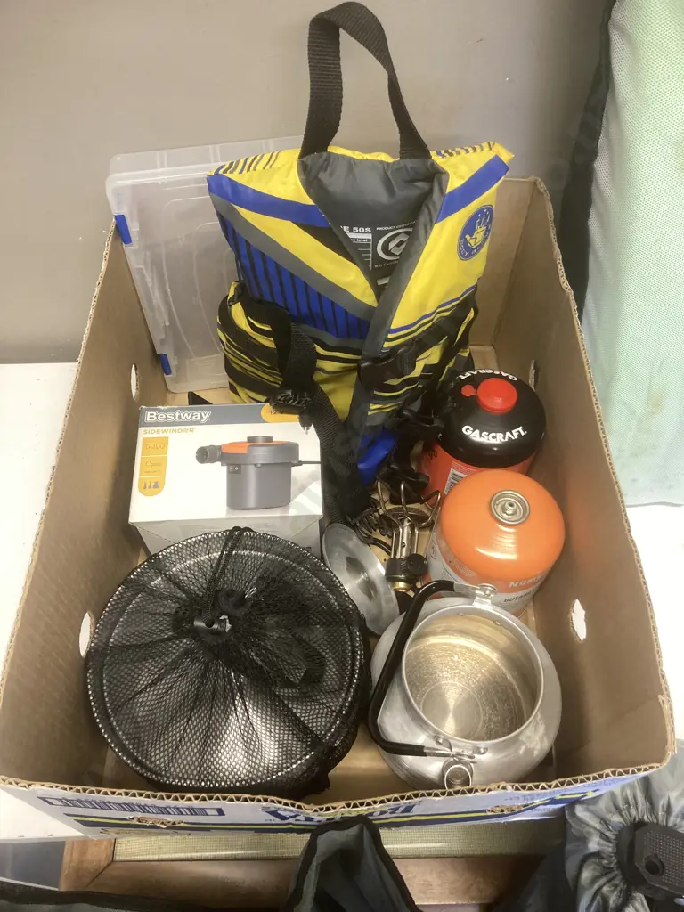 Camping Gear, Folding Chairs, 12v Bestway Pump, Plastic Cricket Set, Body Glove PFD Etc Image 1++