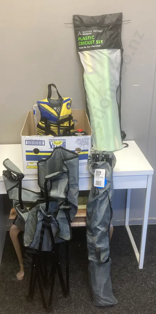 Camping Gear, Folding Chairs, 12v Bestway Pump, Plastic Cricket Set, Body Glove PFD Etc Image 1++