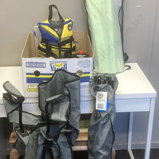 Camping Gear, Folding Chairs, 12v Bestway Pump, Plastic Cricket Set, Body Glove PFD Etc