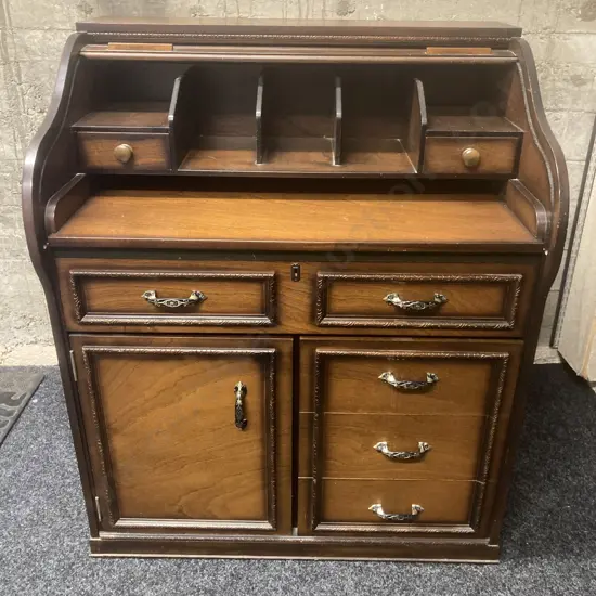 Vintage Wooden Rolltop Desk (No Key). H105 W88 D60cm
