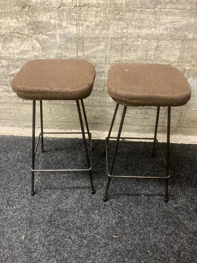 Pair of Vintage Kitchen Stools, Black Steel Base, Brown Fabric Seat. H61cm Image 1++