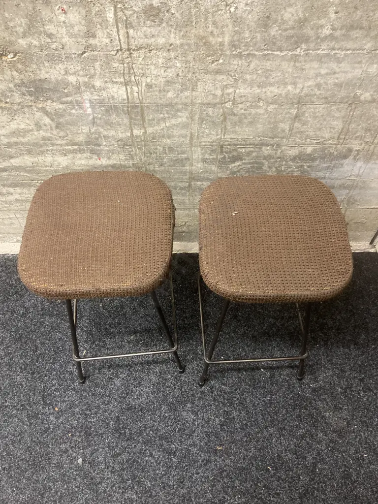 Pair of Vintage Kitchen Stools, Black Steel Base, Brown Fabric Seat. H61cm Image 1++