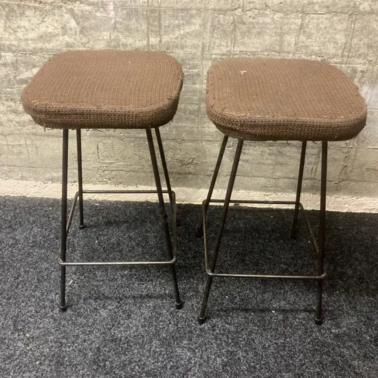 Pair of Vintage Kitchen Stools, Black Steel Base, Brown Fabric Seat. H61cm