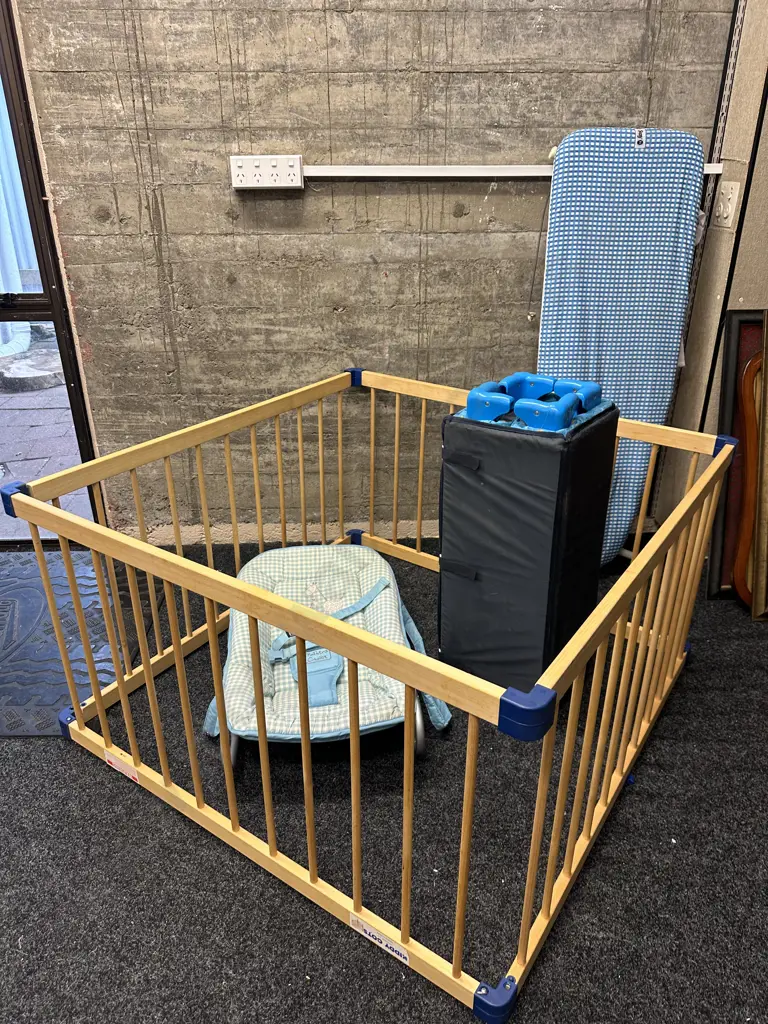 Ironing Board, Porta Cot, Mothers Choice Bouncer & Play Pen Image 1++