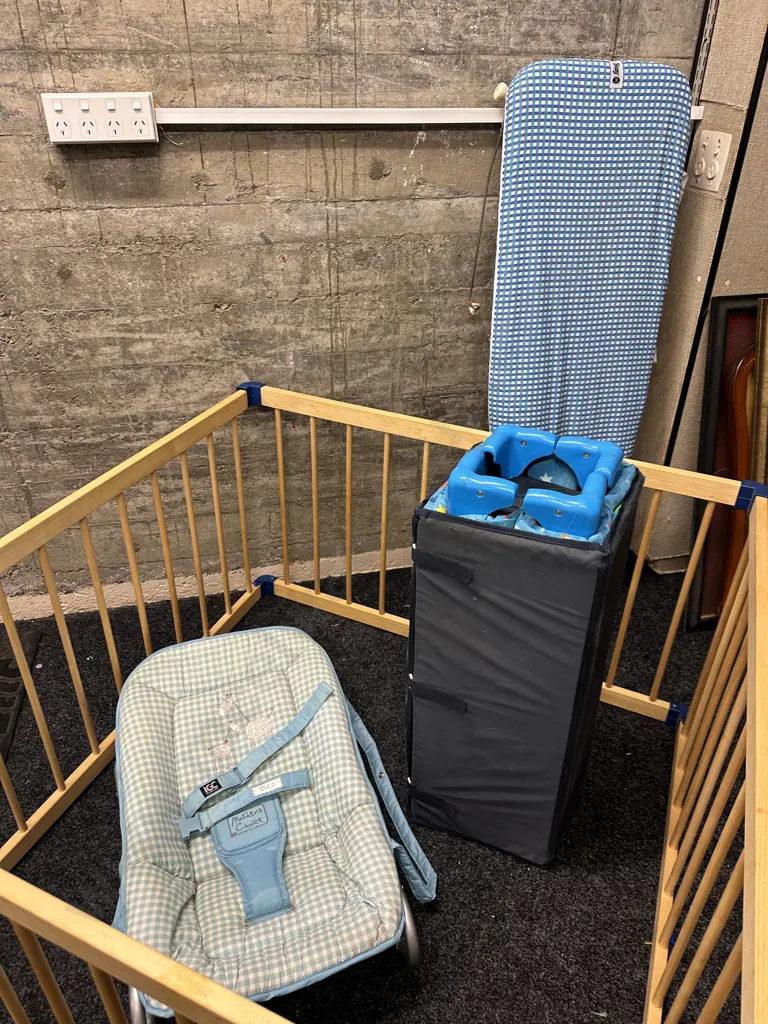 Ironing Board, Porta Cot, Mothers Choice Bouncer & Play Pen Image 1++