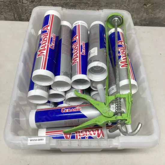 Box lot Assorted Maxisila Ceramic Tubes & Caulk Gun (Unable to Sell, Donated)