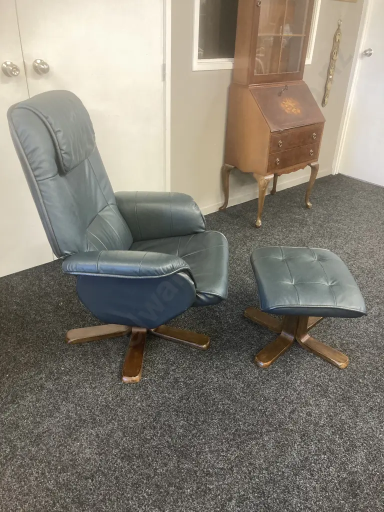 ChairWorks Navy Blue Leather Effect Swivel Recliner With Footstool (As Found Condition)) Image 1++