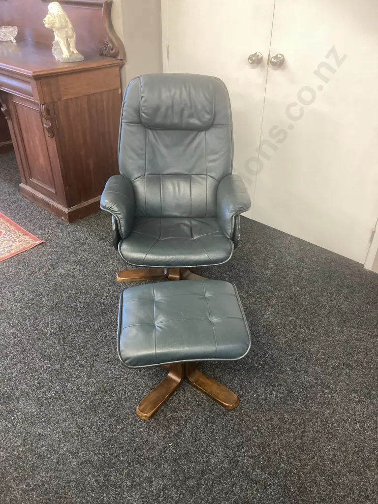 ChairWorks Navy Blue Leather Effect Swivel Recliner With Footstool (As Found Condition)) Image 1++