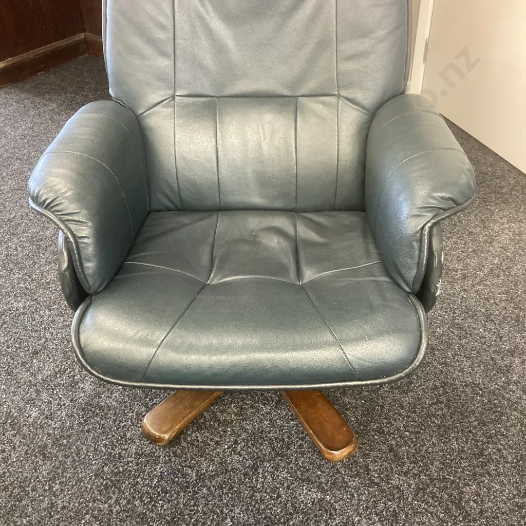 ChairWorks Navy Blue Leather Effect Swivel Recliner With Footstool (As Found Condition)) Image 1++