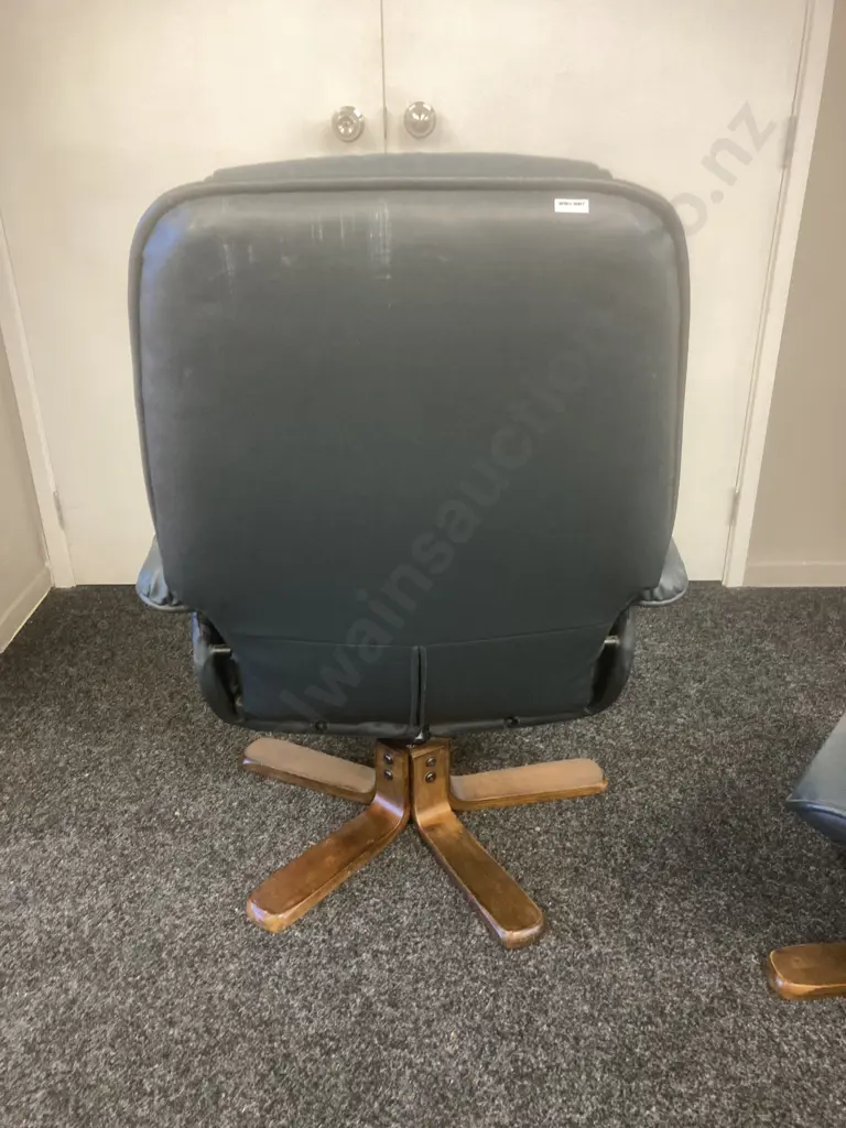 ChairWorks Navy Blue Leather Effect Swivel Recliner With Footstool (As Found Condition)) Image 1++