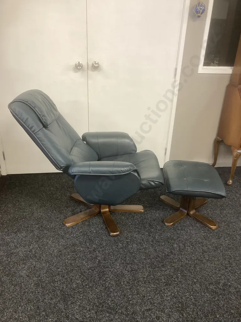 ChairWorks Navy Blue Leather Effect Swivel Recliner With Footstool (As Found Condition)) Image 1++