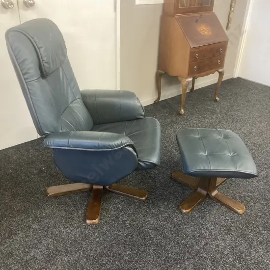 ChairWorks Navy Blue Leather Effect Swivel Recliner With Footstool (As Found Condition))