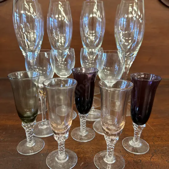 Selection Of Glasses Including Champagne, Sherry & Coloured
