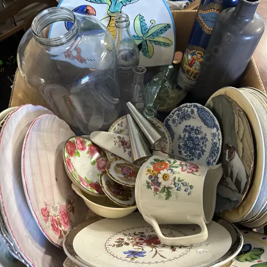 Box Lot Of Assorted China & Glassware Including Pewter Salt & Pepper Shakers