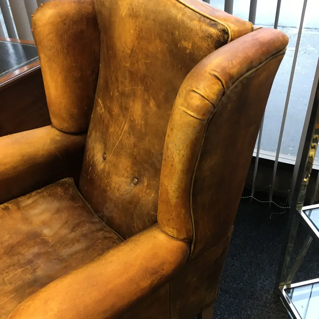 Vintage Netherlands Sheepskin Leather Wingback Chair Image 1++