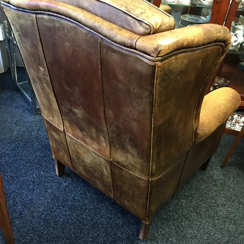 Vintage Netherlands Sheepskin Leather Wingback Chair Image 1++