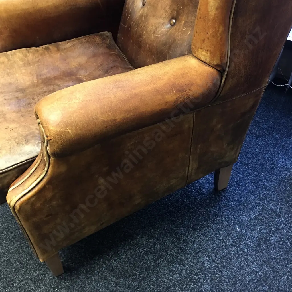 Vintage Netherlands Sheepskin Leather Wingback Chair Image 1++