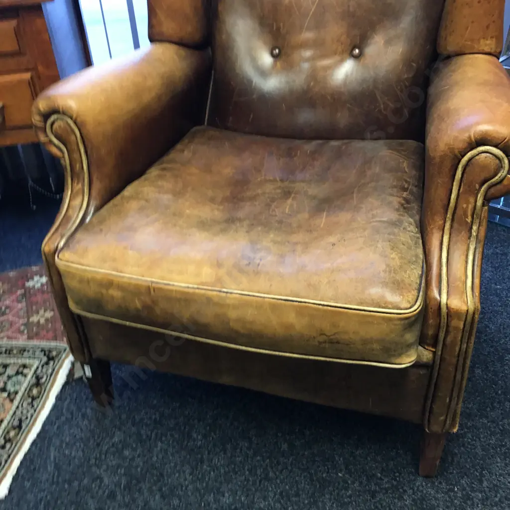 Vintage Netherlands Sheepskin Leather Wingback Chair Image 1++
