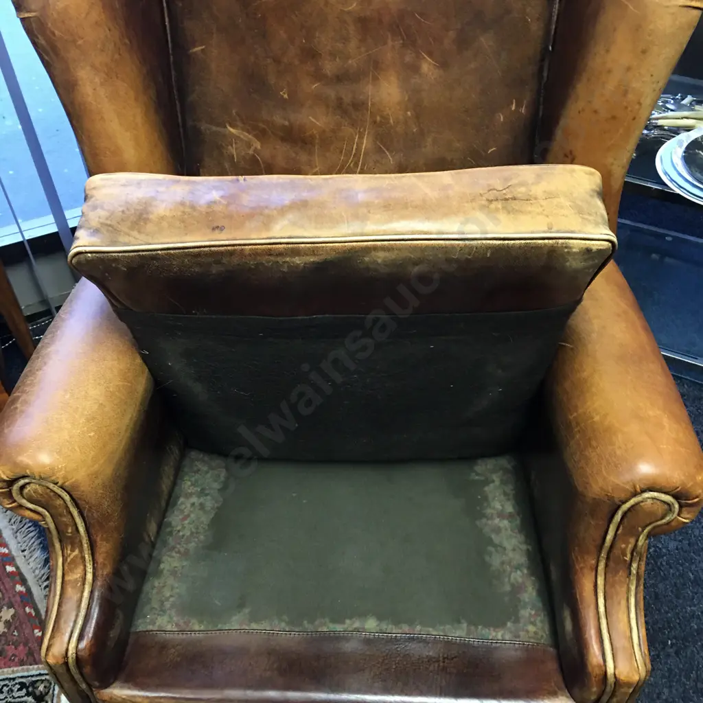 Vintage Netherlands Sheepskin Leather Wingback Chair Image 1++