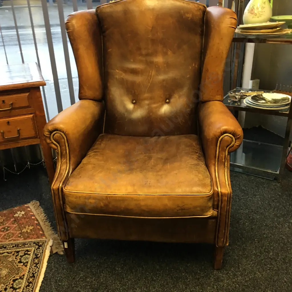 Vintage Netherlands Sheepskin Leather Wingback Chair Image 1++