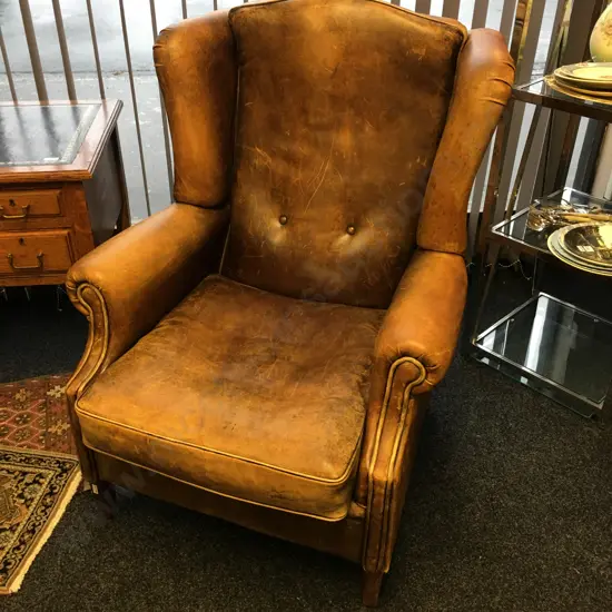 Vintage Netherlands Sheepskin Leather Wingback Chair