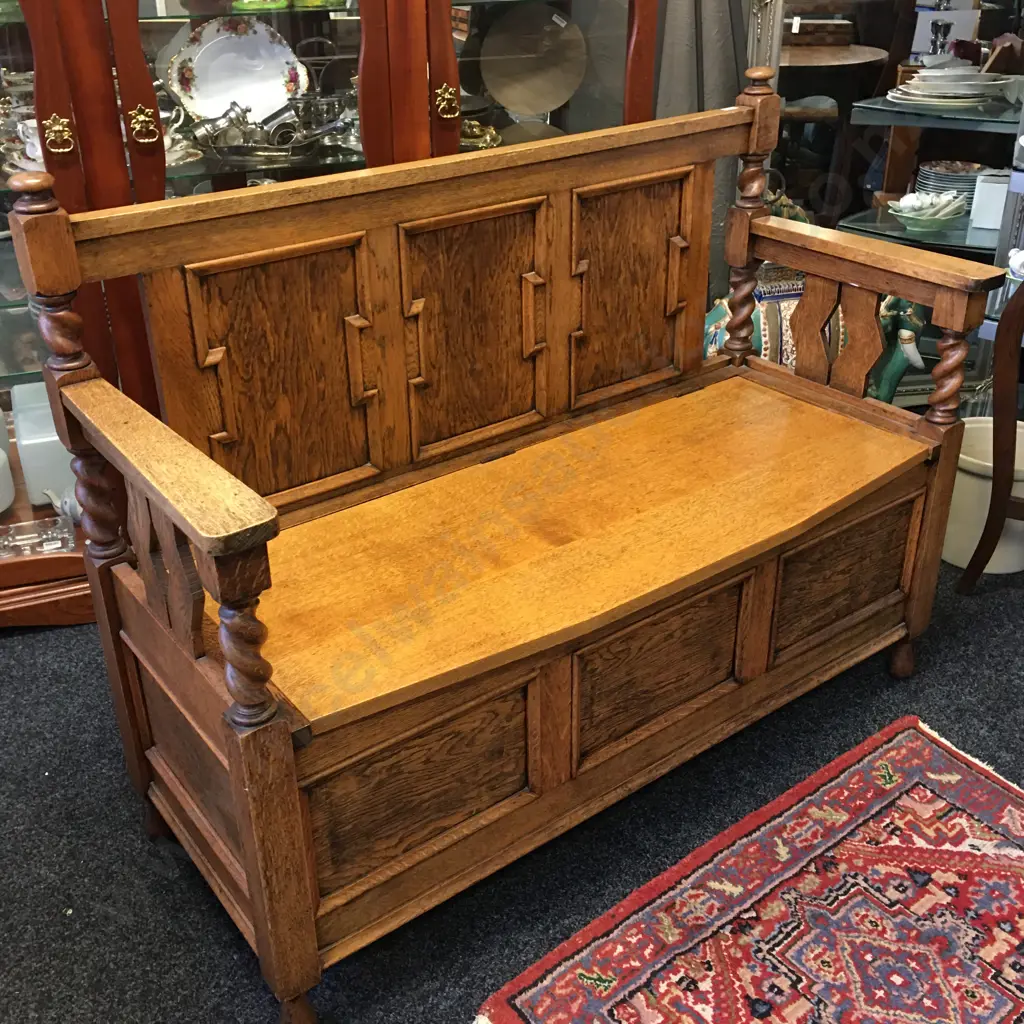 Antique Oak Monks Bench With Barley Twist Supports & Hinged Seat. H95 W124 D51cm Image 1++