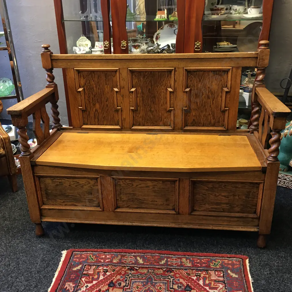 Antique Oak Monks Bench With Barley Twist Supports & Hinged Seat. H95 W124 D51cm Image 1++