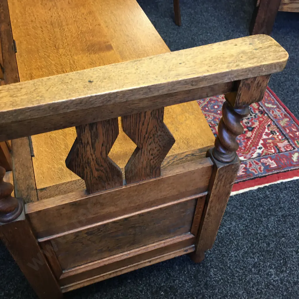 Antique Oak Monks Bench With Barley Twist Supports & Hinged Seat. H95 W124 D51cm Image 1++