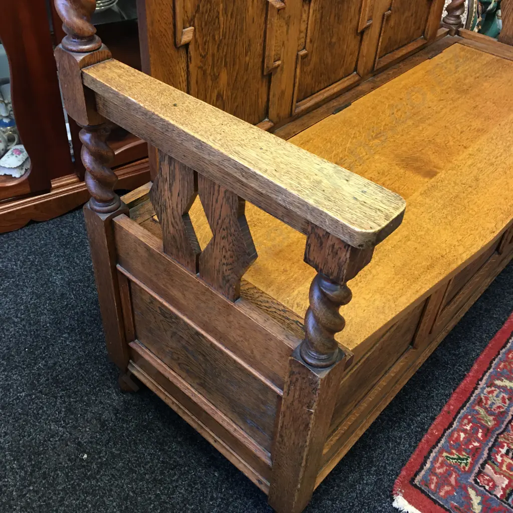 Antique Oak Monks Bench With Barley Twist Supports & Hinged Seat. H95 W124 D51cm Image 1++
