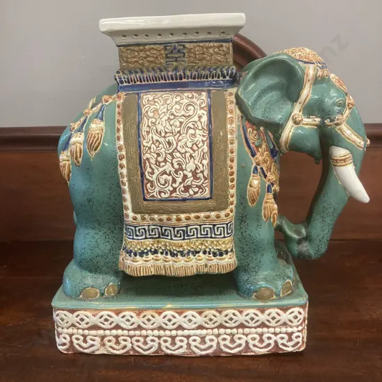 Heavy Chinese Porcelain Pedestal Elephant. H56 W54 D23cm