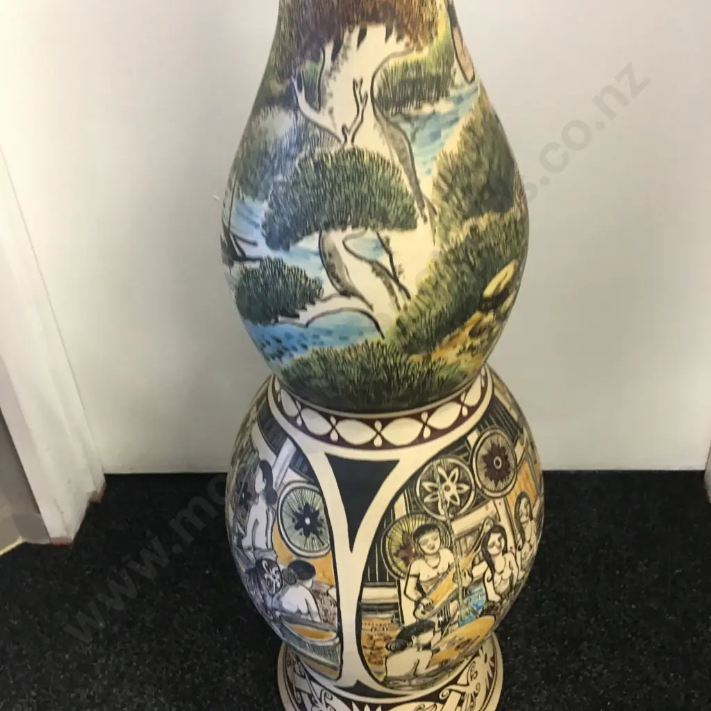 Large Pottery Floor Vase, Hand Painted With Native Hunting & Village Scenes, Bulbous. H108cm Image 1++