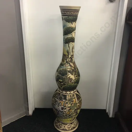 Large Pottery Floor Vase, Hand Painted With Native Hunting & Village Scenes, Bulbous. H108cm