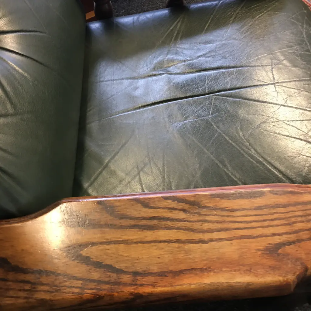 Vintage Dutch Brutalist Leather Lounge Chair, Oak With Green Leather Image 1++