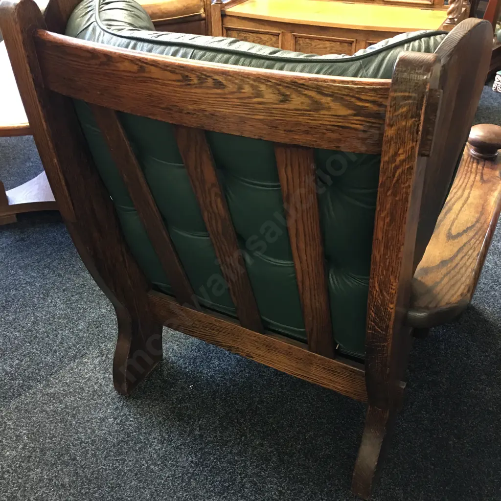 Vintage Dutch Brutalist Leather Lounge Chair, Oak With Green Leather Image 1++