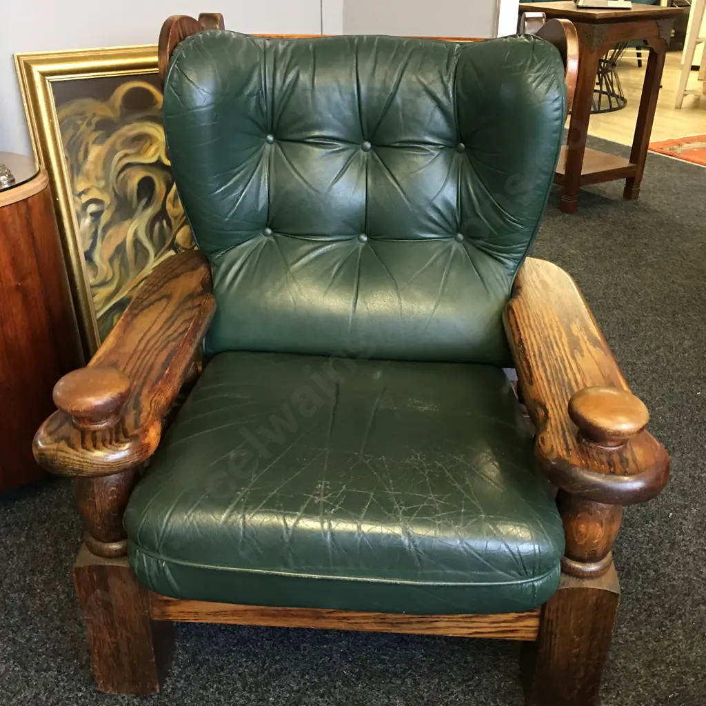 Vintage Dutch Brutalist Leather Lounge Chair, Oak With Green Leather Image 1++
