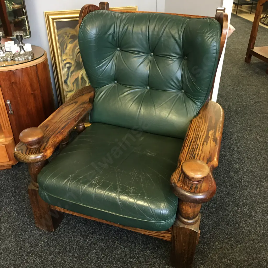 Vintage Dutch Brutalist Leather Lounge Chair, Oak With Green Leather Image 1++