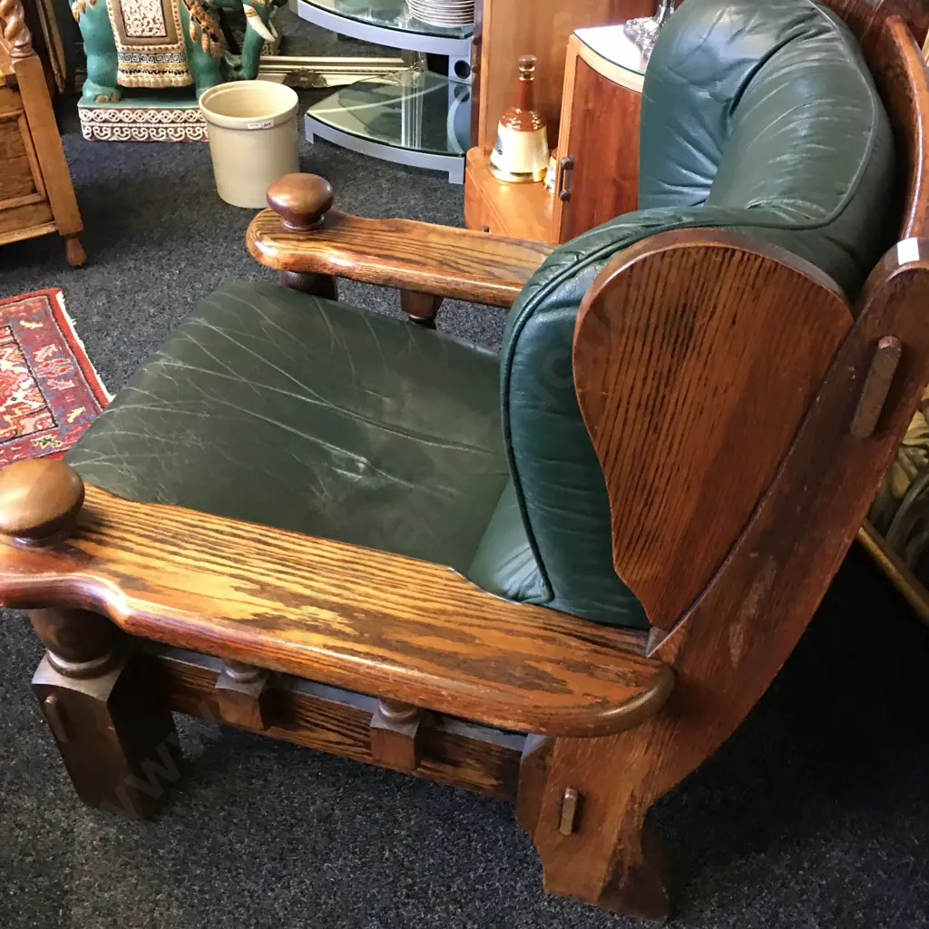 Vintage Dutch Brutalist Leather Lounge Chair, Oak With Green Leather Image 1++