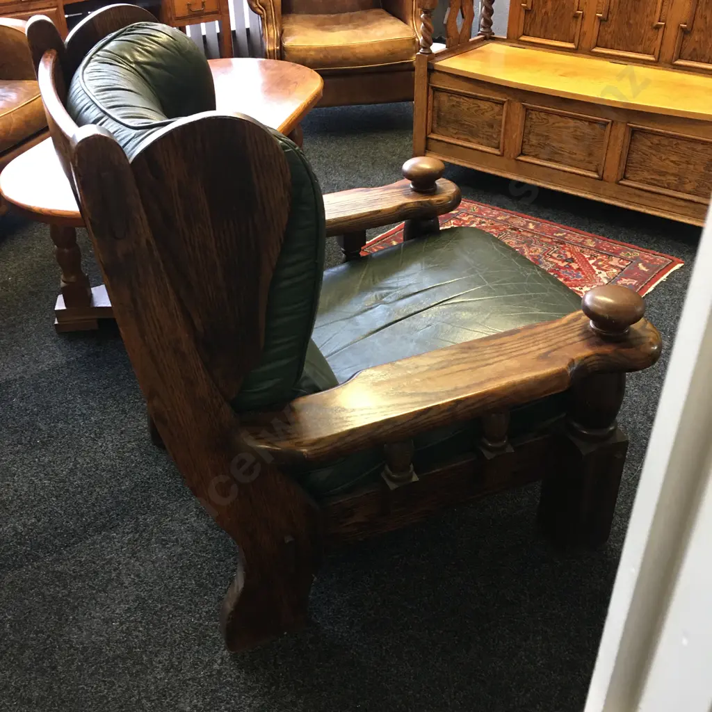 Vintage Dutch Brutalist Leather Lounge Chair, Oak With Green Leather Image 1++