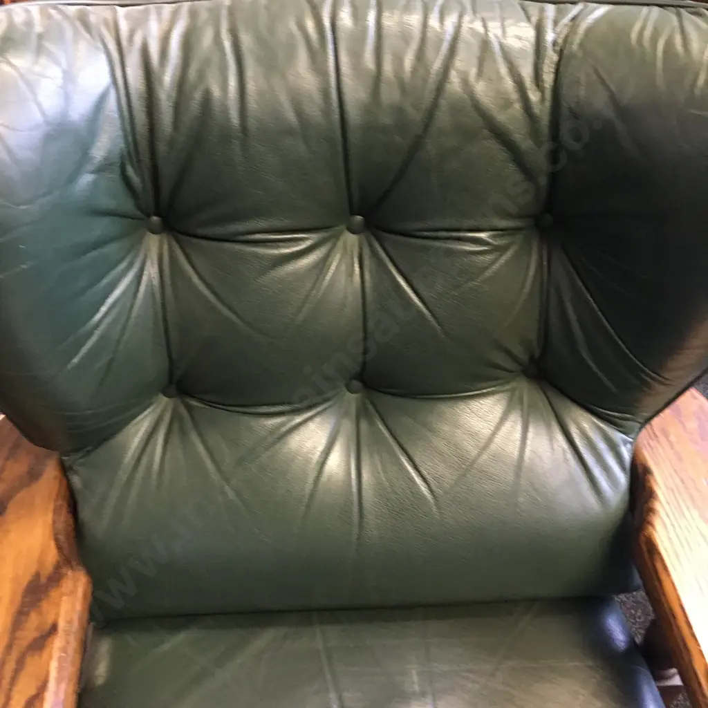 Vintage Dutch Brutalist Leather Lounge Chair, Oak With Green Leather Image 1++