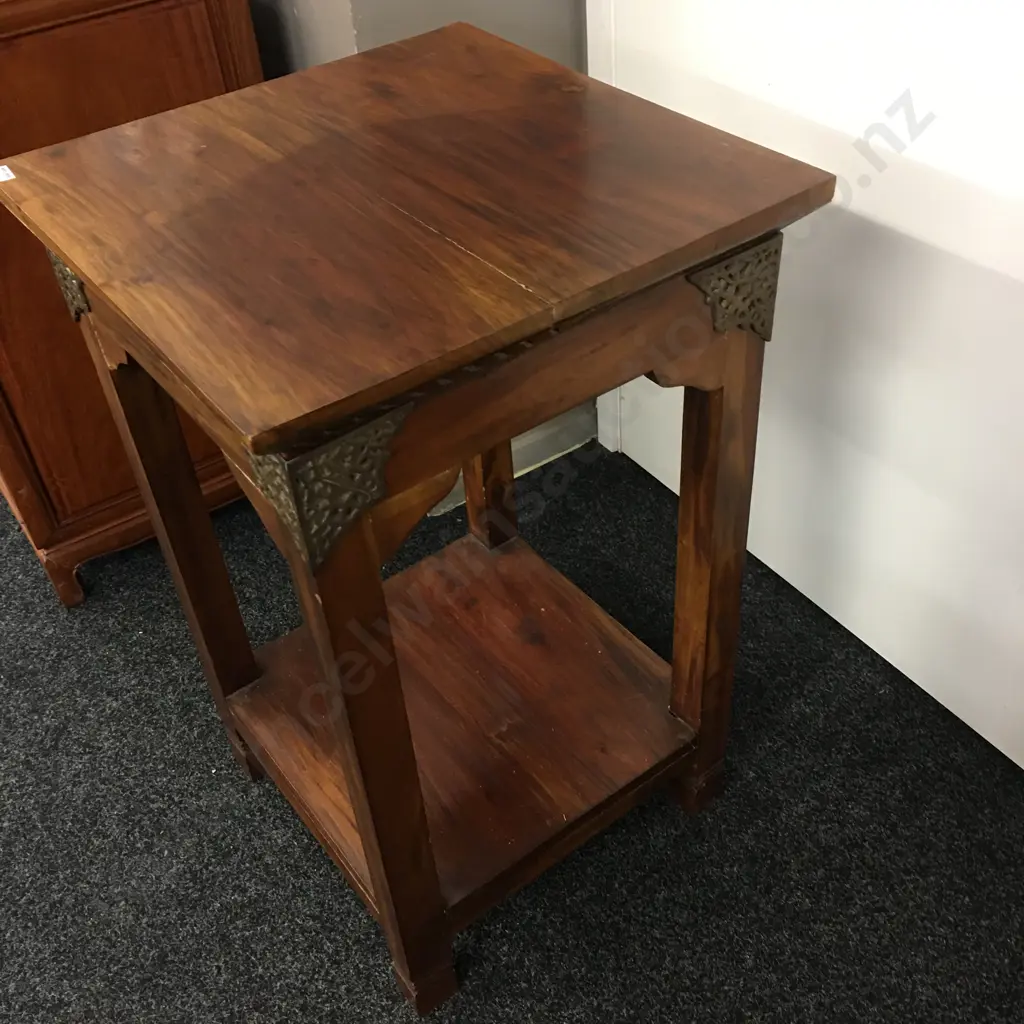Vintage Teak 2 Tier Side Table With Ornate Pierced Brass Corner Detailing. H80 W49 D49cm Image 1++
