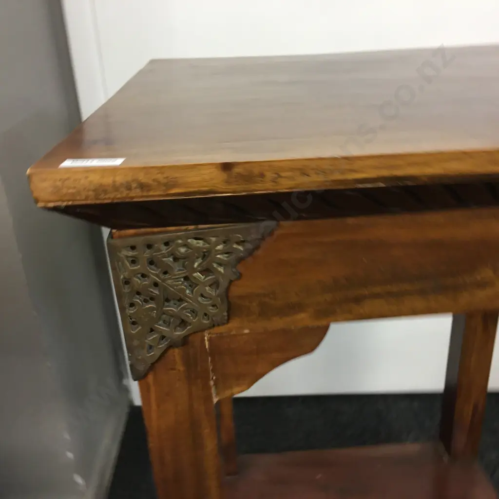 Vintage Teak 2 Tier Side Table With Ornate Pierced Brass Corner Detailing. H80 W49 D49cm Image 1++