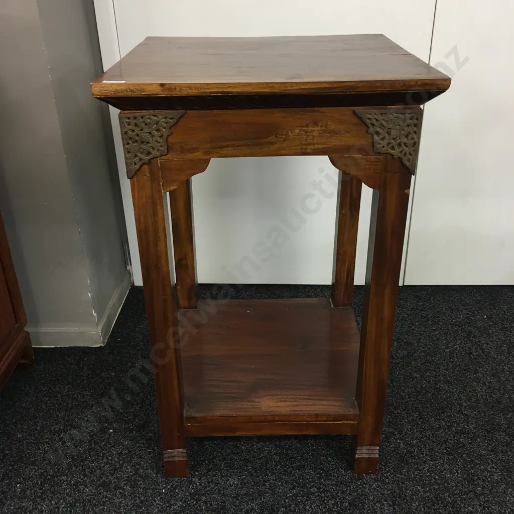 Vintage Teak 2 Tier Side Table With Ornate Pierced Brass Corner Detailing. H80 W49 D49cm Image 1++