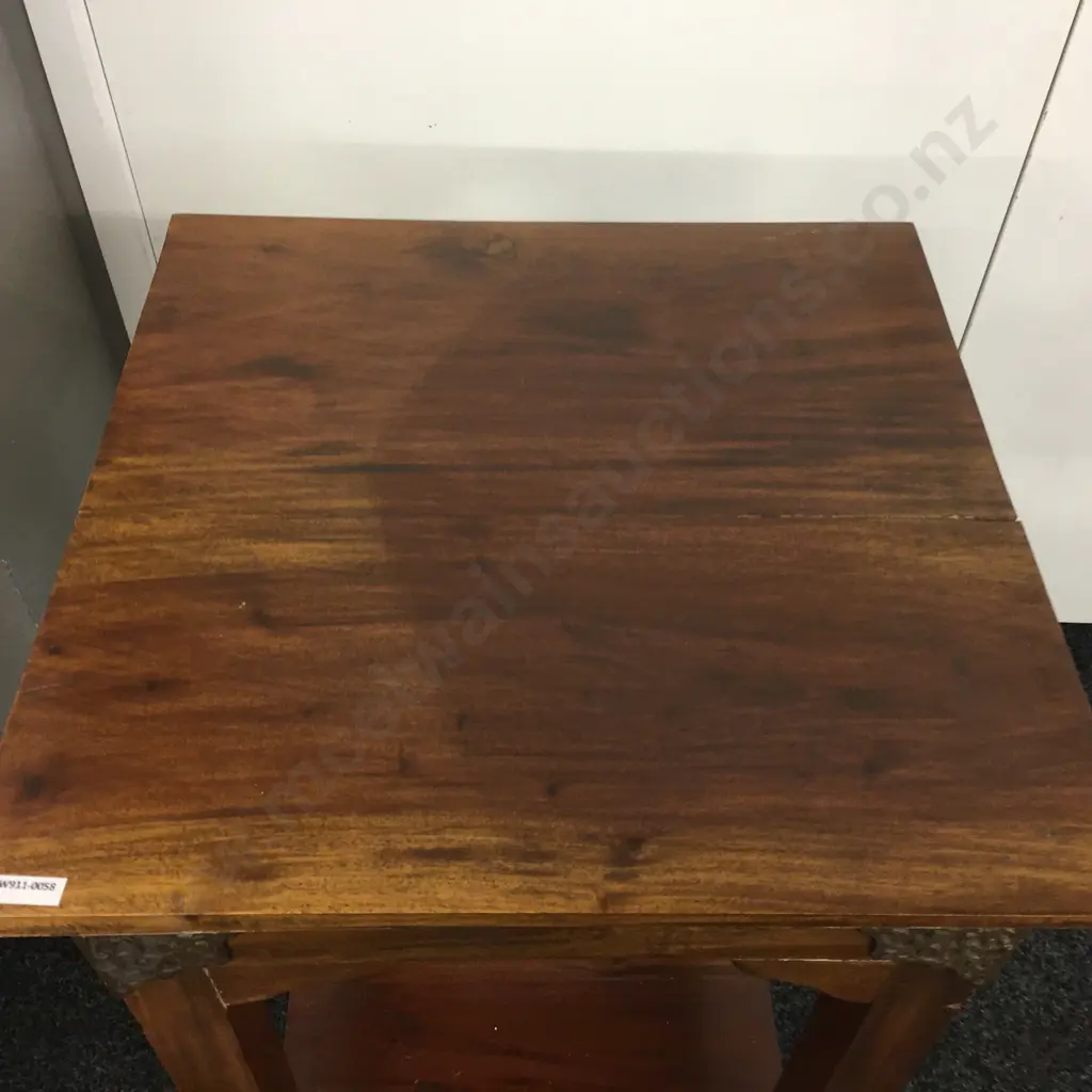 Vintage Teak 2 Tier Side Table With Ornate Pierced Brass Corner Detailing. H80 W49 D49cm Image 1++